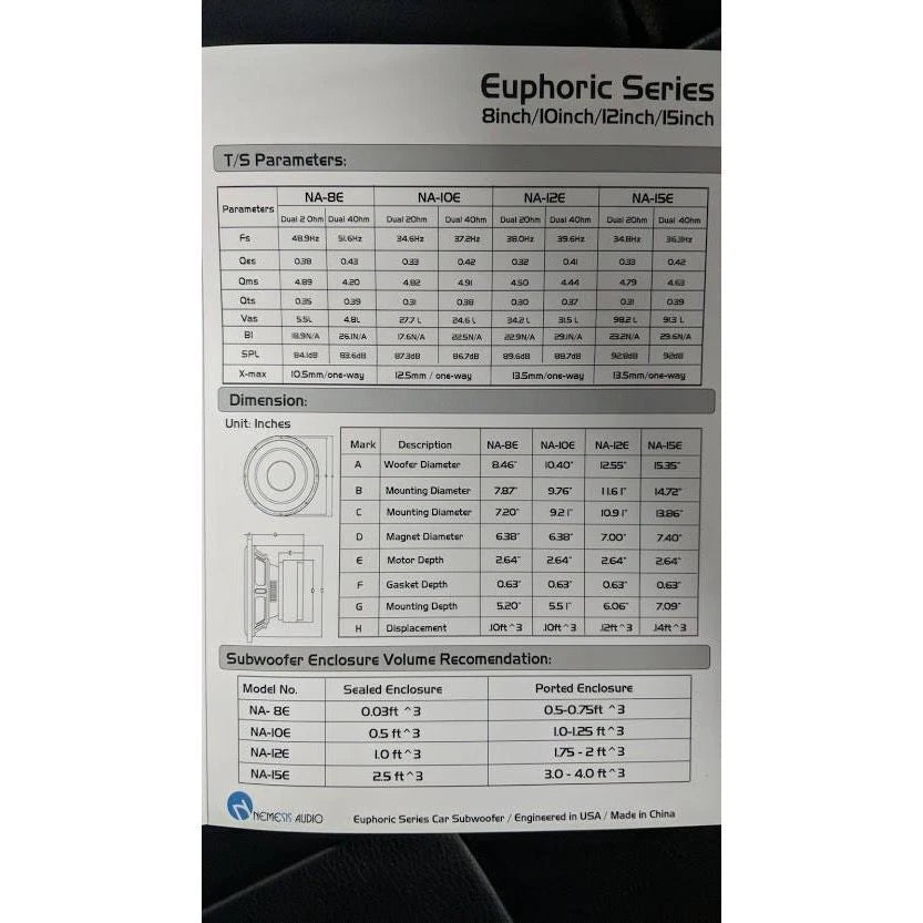 Nemesis Audio NA-8E v.2 8" 500W RMS Subwoofer DVC