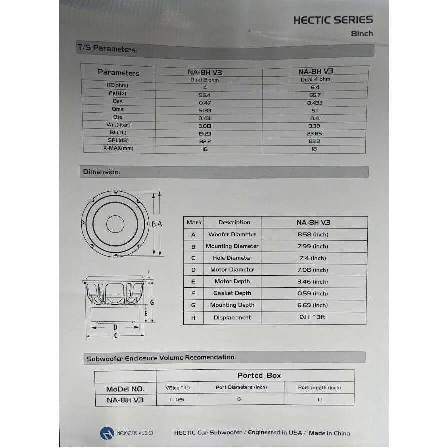 Nemesis Audio NA-8H v.3 8" 900W RMS Subwoofer DVC