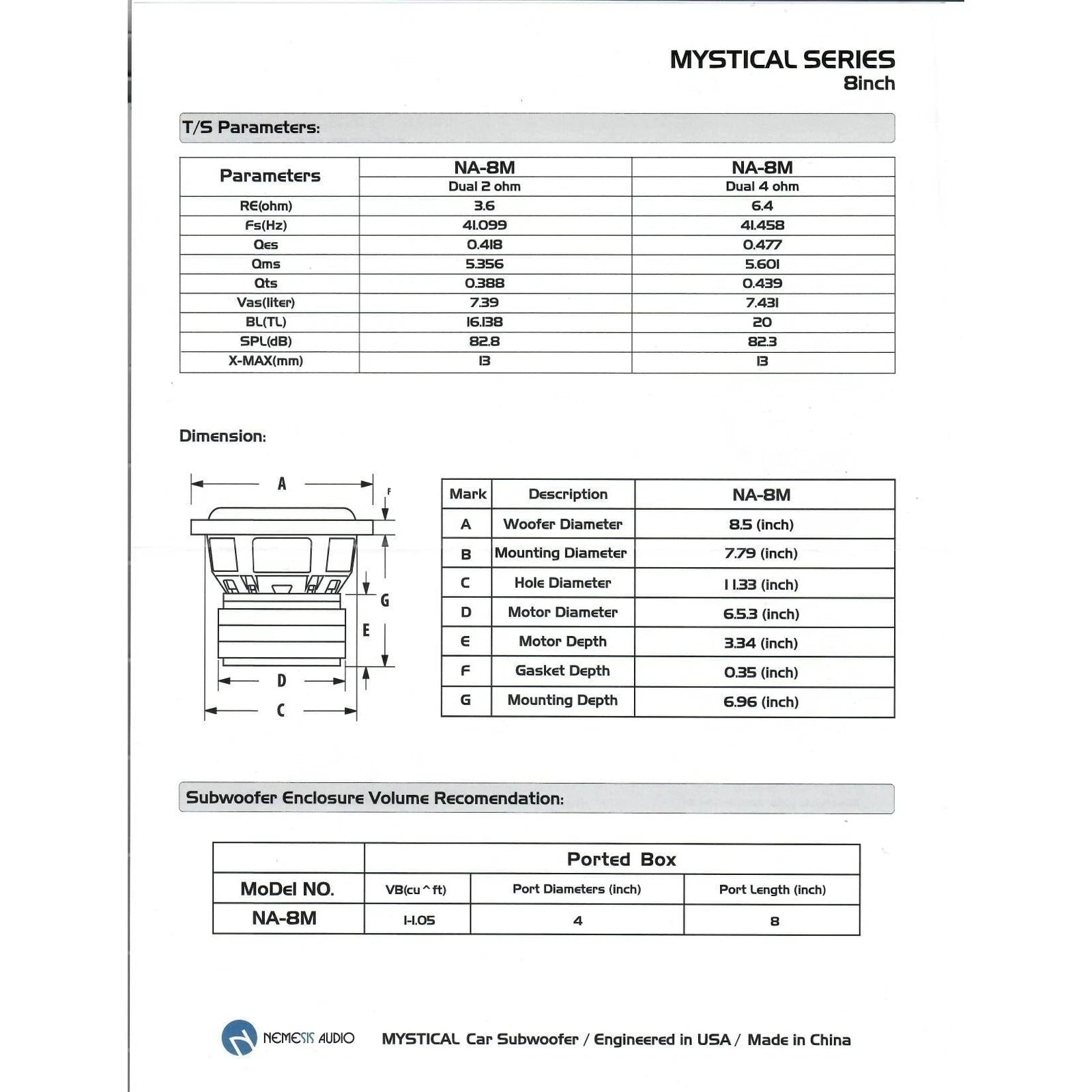 Nemesis Audio NA-8M 8" 700W RMS Subwoofer DVC